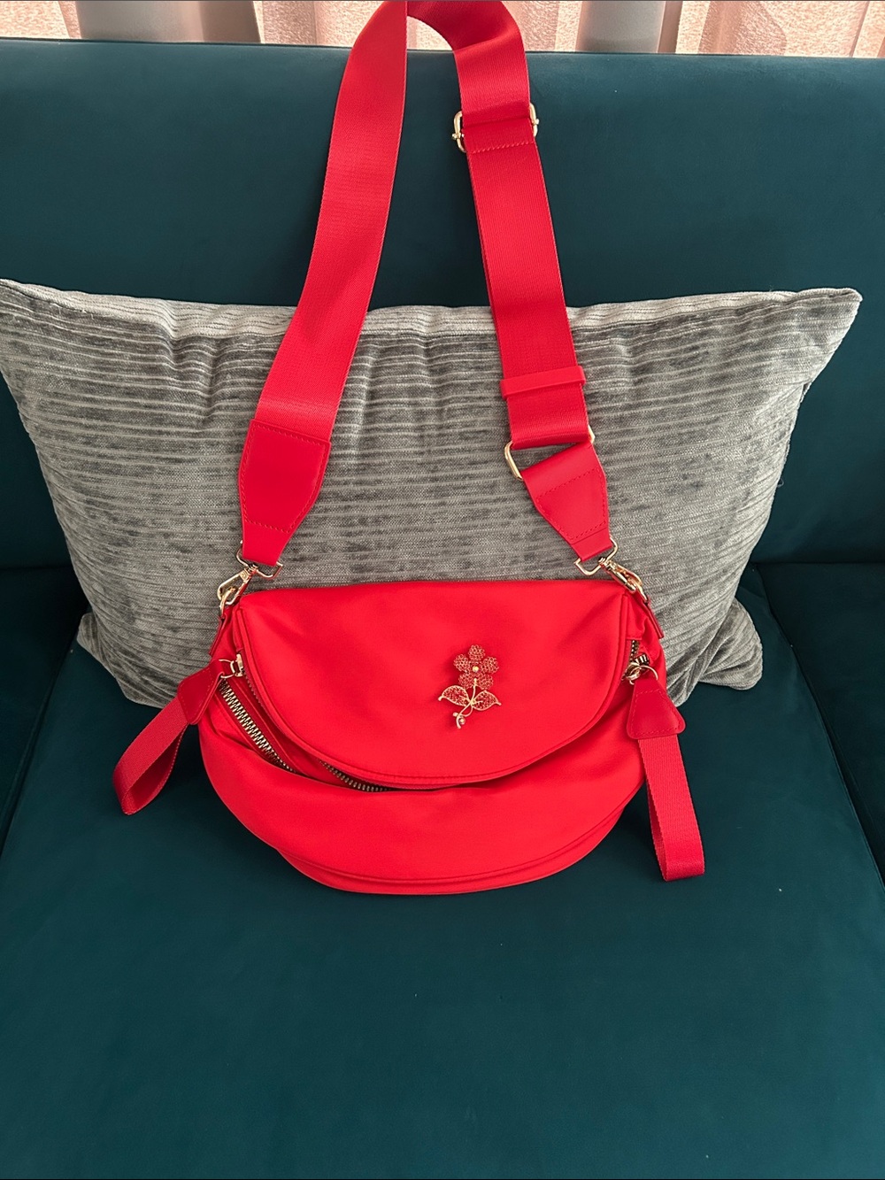 Red Crossbody Bag with Wide Strap and I included a brooch.